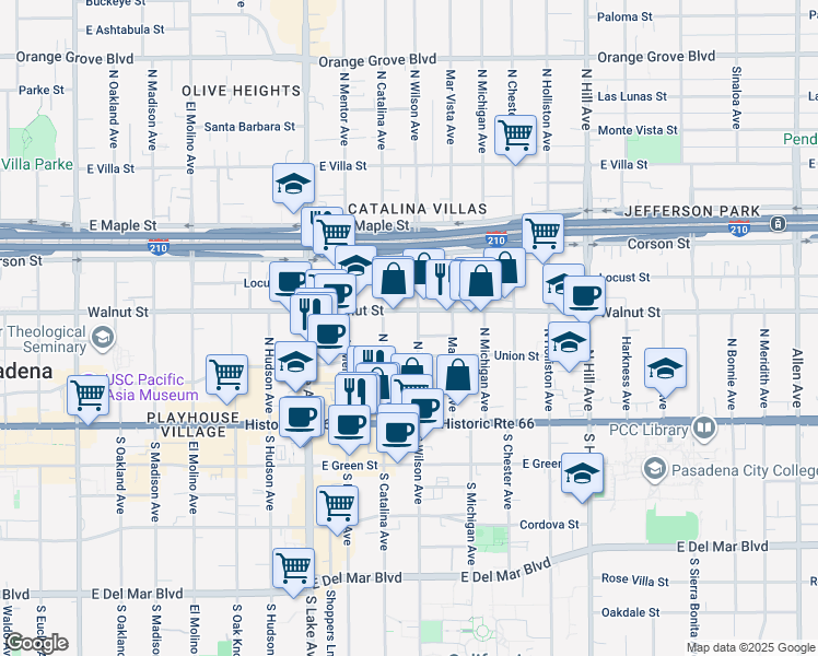 map of restaurants, bars, coffee shops, grocery stores, and more near 171 North Wilson Avenue in Pasadena