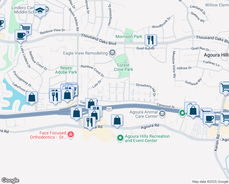 map of restaurants, bars, coffee shops, grocery stores, and more near 5341 Isabella Court in Agoura Hills