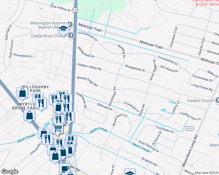 map of restaurants, bars, coffee shops, grocery stores, and more near 4815 Woods Edge Road in Wilmington