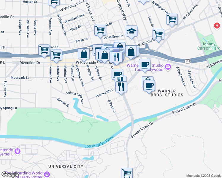 map of restaurants, bars, coffee shops, grocery stores, and more near 4129 Warner Boulevard in Burbank