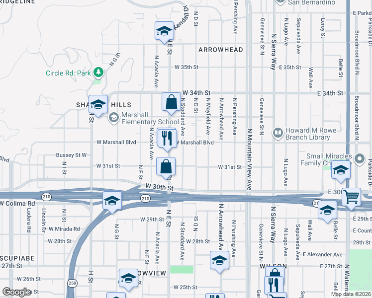 map of restaurants, bars, coffee shops, grocery stores, and more near 3177 North Stoddard Avenue in San Bernardino