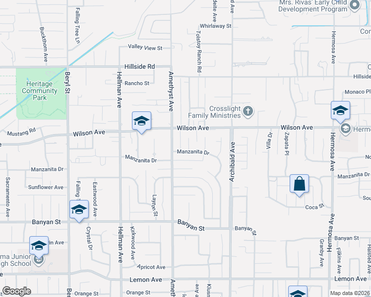 map of restaurants, bars, coffee shops, grocery stores, and more near 5782 Malachite Avenue in Rancho Cucamonga