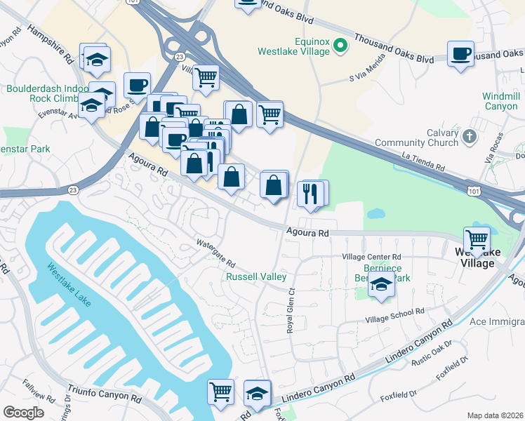 map of restaurants, bars, coffee shops, grocery stores, and more near 3004 Shadow Brook Lane in Westlake Village