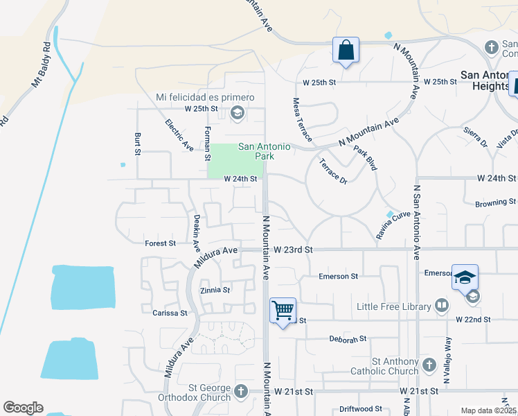 map of restaurants, bars, coffee shops, grocery stores, and more near 2358 Walnut Avenue in Upland