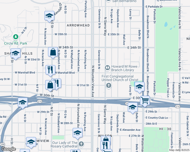 map of restaurants, bars, coffee shops, grocery stores, and more near 3175 North Mountain View Avenue in San Bernardino