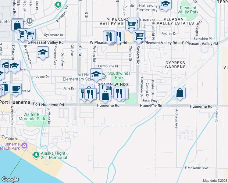 map of restaurants, bars, coffee shops, grocery stores, and more near 341 Cuesta Del Mar Drive in Oxnard