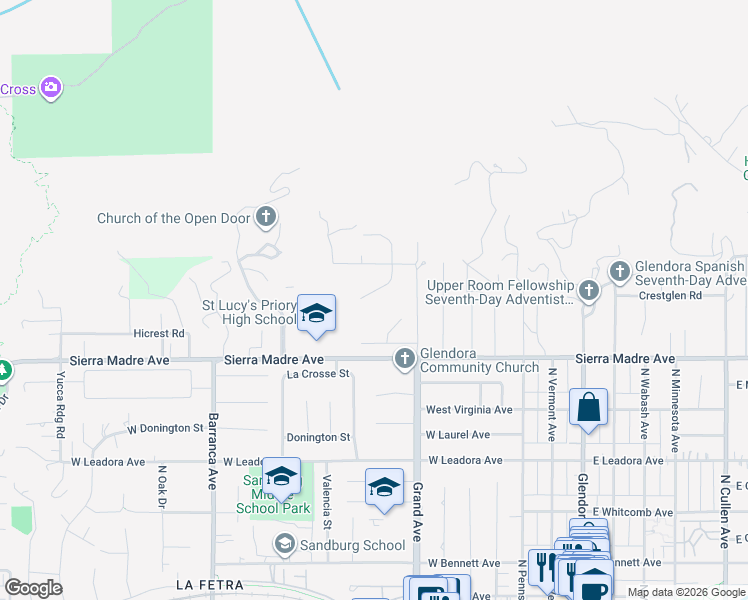 map of restaurants, bars, coffee shops, grocery stores, and more near 812 Cloverview Drive in Glendora