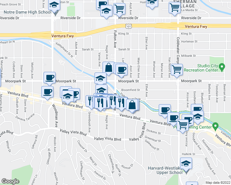 map of restaurants, bars, coffee shops, grocery stores, and more near 4300 Fulton Avenue in Los Angeles