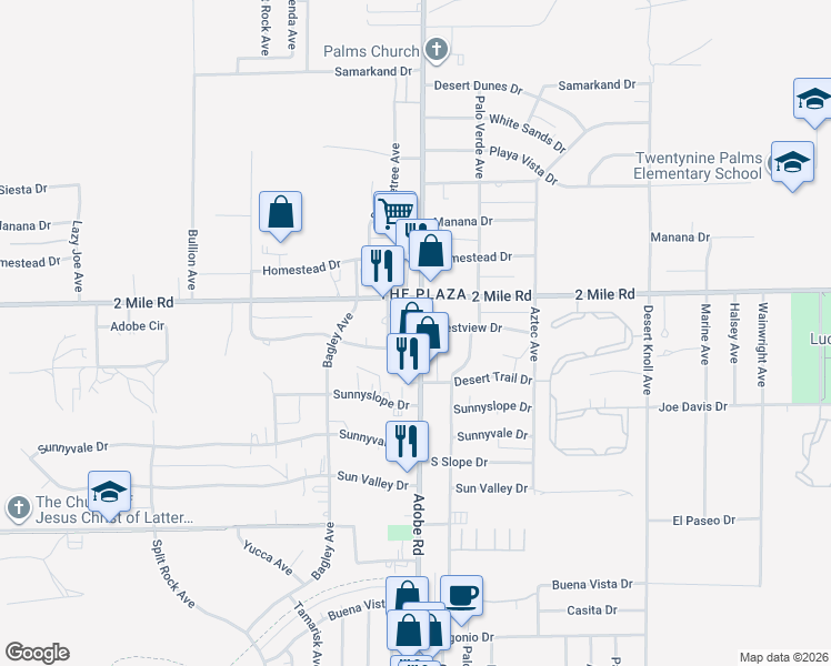map of restaurants, bars, coffee shops, grocery stores, and more near 5758 Adobe Circle in Twentynine Palms