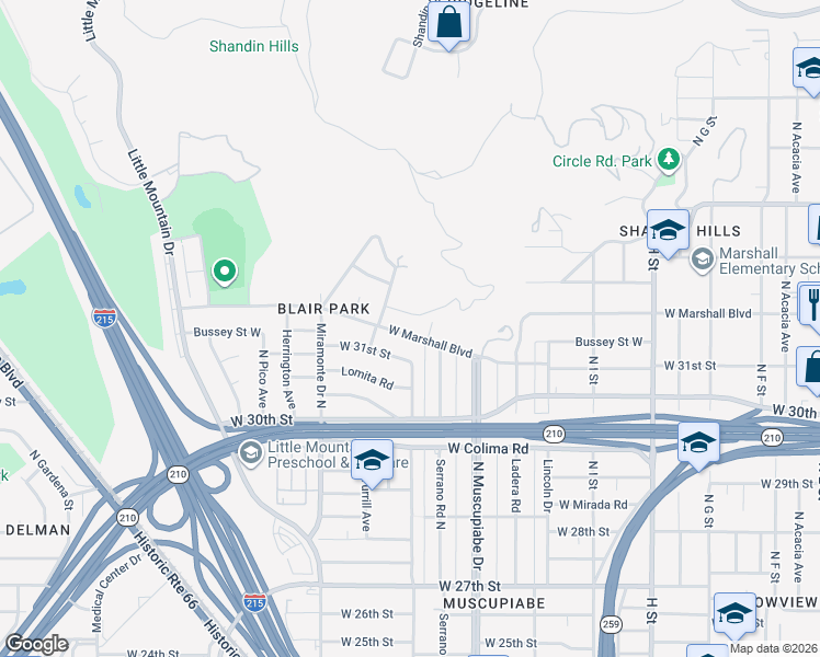 map of restaurants, bars, coffee shops, grocery stores, and more near 1220 West Marshall Boulevard in San Bernardino