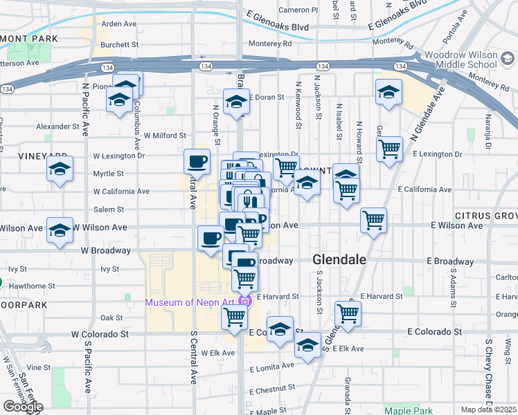 map of restaurants, bars, coffee shops, grocery stores, and more near 225 North Maryland Avenue in Glendale