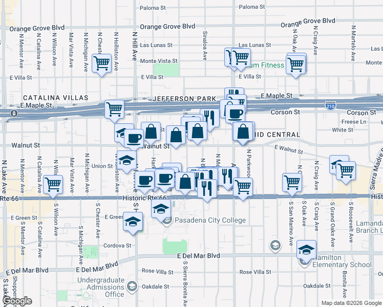 map of restaurants, bars, coffee shops, grocery stores, and more near 170 North Sierra Bonita Avenue in Pasadena