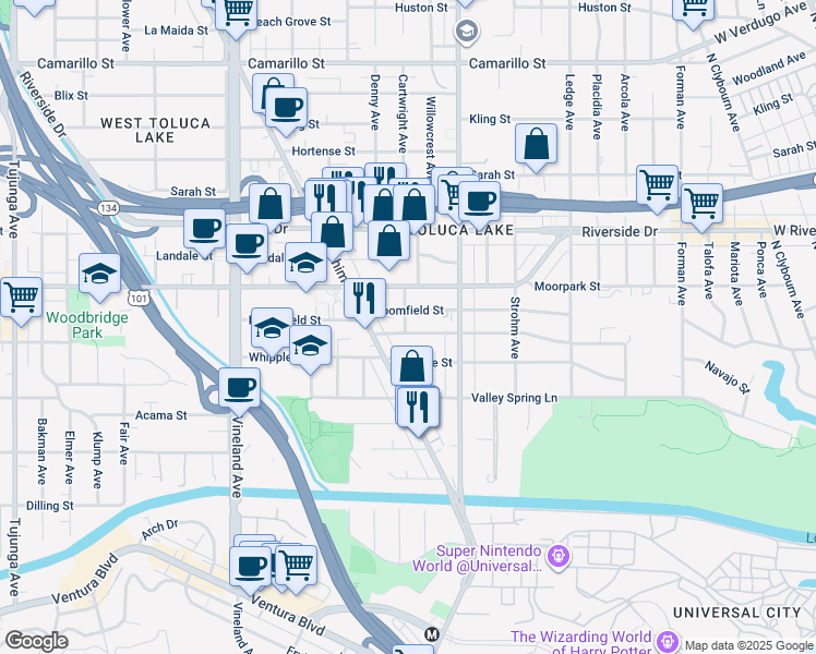 map of restaurants, bars, coffee shops, grocery stores, and more near 10657 Woodbridge Street in Los Angeles