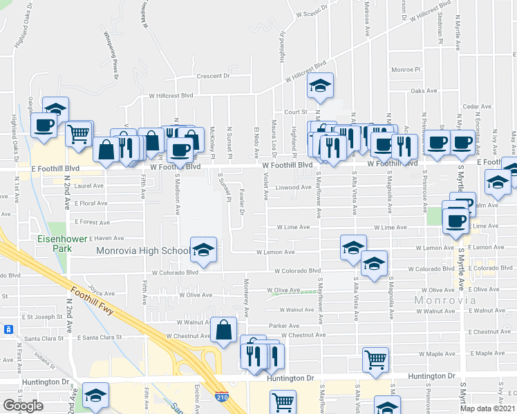 map of restaurants, bars, coffee shops, grocery stores, and more near 245 Violet Avenue in Monrovia