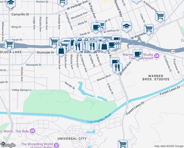 map of restaurants, bars, coffee shops, grocery stores, and more near 4247 McFarlane Avenue in Burbank