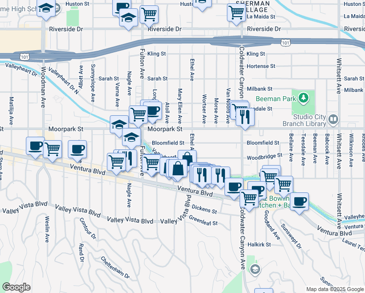 map of restaurants, bars, coffee shops, grocery stores, and more near 13122 Bloomfield Street in Los Angeles