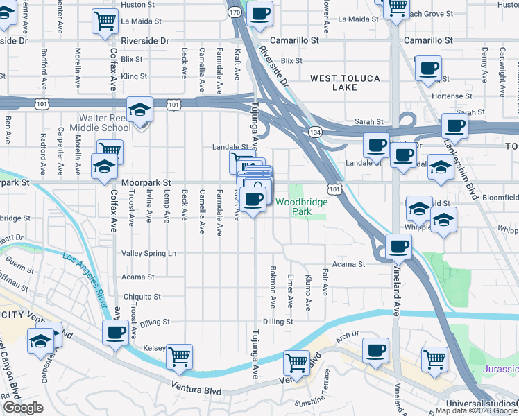map of restaurants, bars, coffee shops, grocery stores, and more near 4346 Tujunga Avenue in Los Angeles