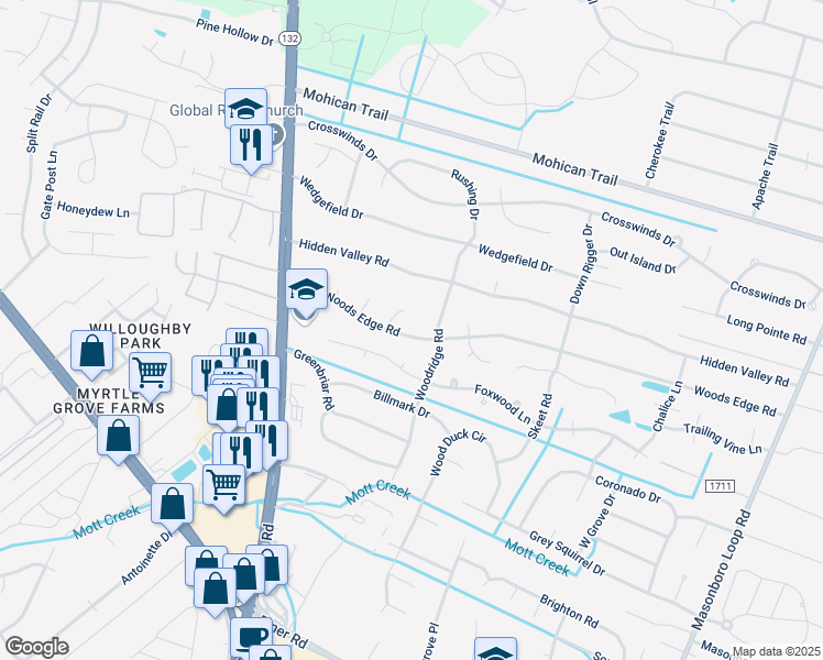 map of restaurants, bars, coffee shops, grocery stores, and more near 4819 Woods Edge Road in Wilmington