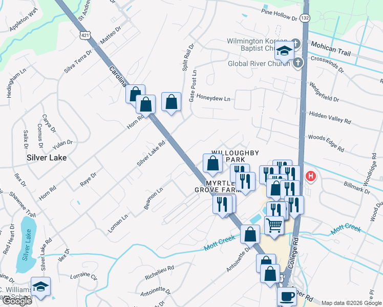 map of restaurants, bars, coffee shops, grocery stores, and more near 5029 Carolina Beach Road in Wilmington