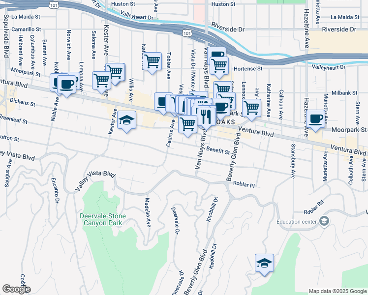 map of restaurants, bars, coffee shops, grocery stores, and more near 14538 Benefit Street in Los Angeles
