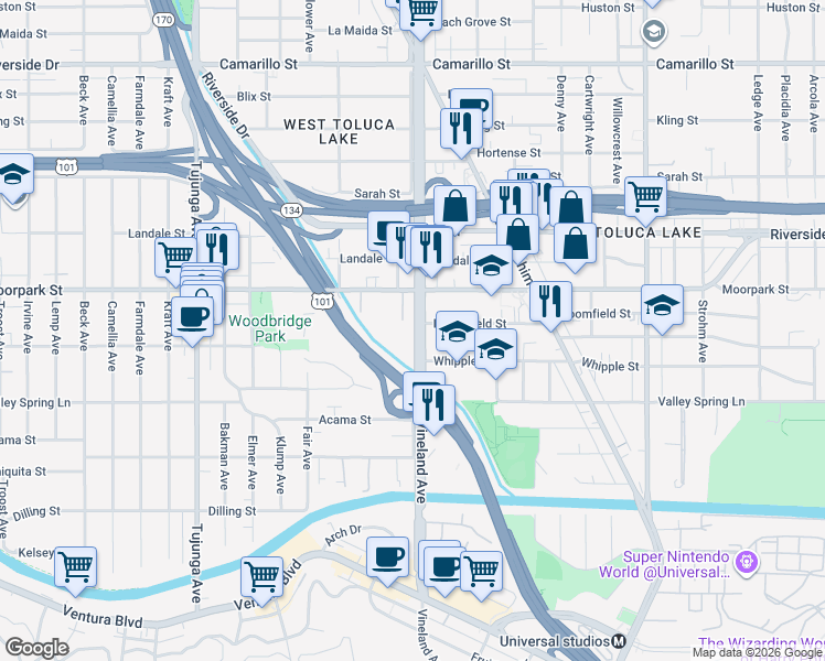 map of restaurants, bars, coffee shops, grocery stores, and more near 4335 Vineland Avenue in Los Angeles