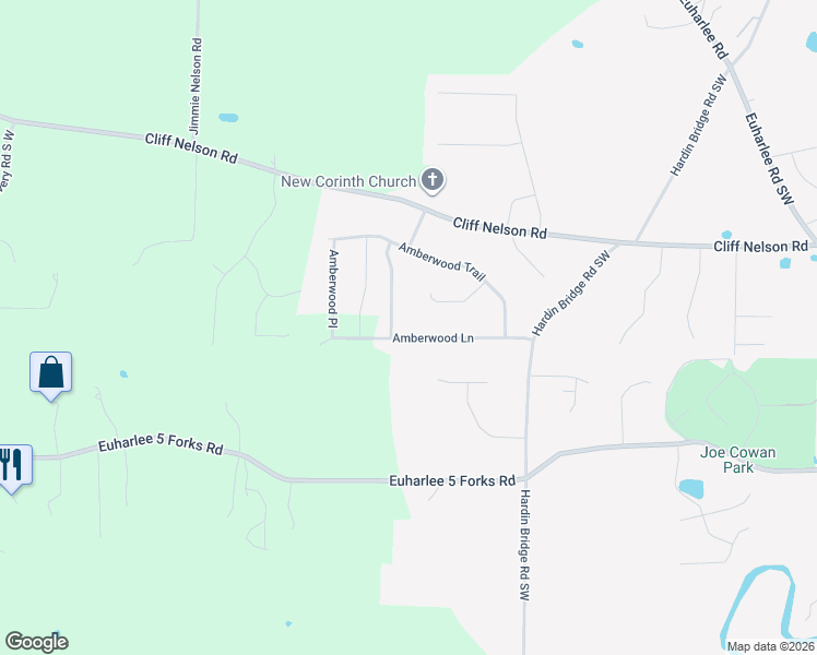 map of restaurants, bars, coffee shops, grocery stores, and more near 132 Amberwood Lane in Euharlee
