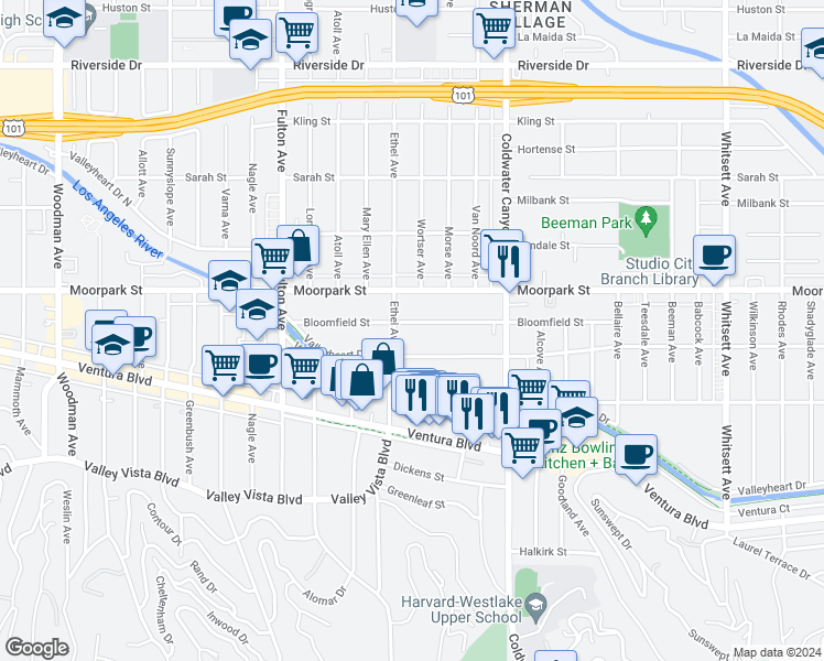 map of restaurants, bars, coffee shops, grocery stores, and more near 13040 Bloomfield Street in Los Angeles