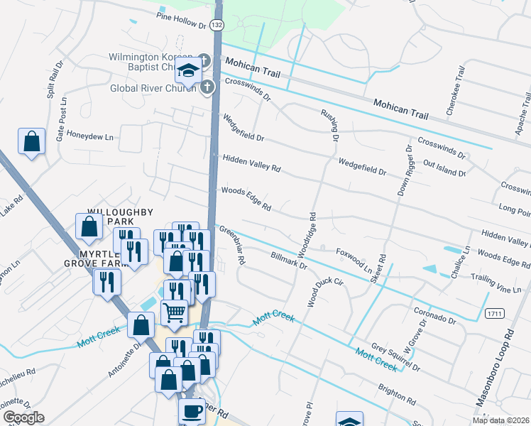 map of restaurants, bars, coffee shops, grocery stores, and more near 4800 Woods Edge Road in Wilmington