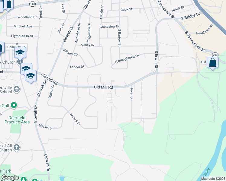 map of restaurants, bars, coffee shops, grocery stores, and more near 150 Old Mill Road in Cartersville