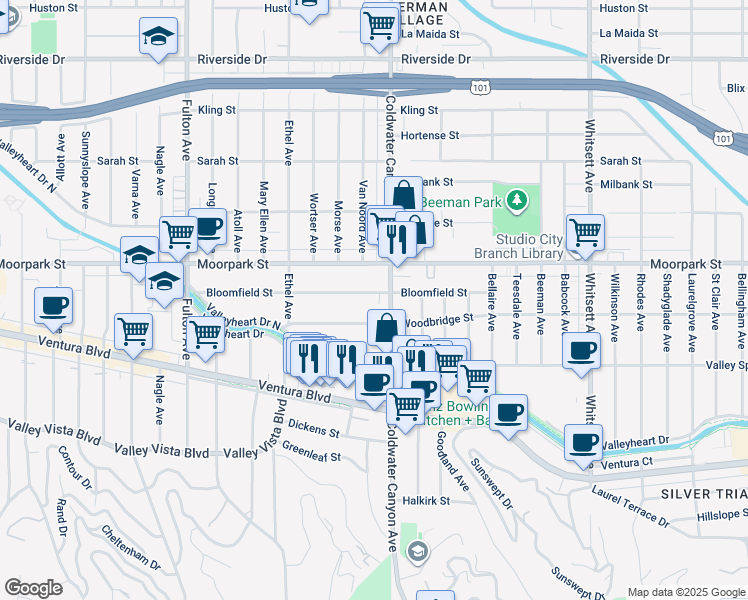 map of restaurants, bars, coffee shops, grocery stores, and more near 12918 Bloomfield Street in Los Angeles