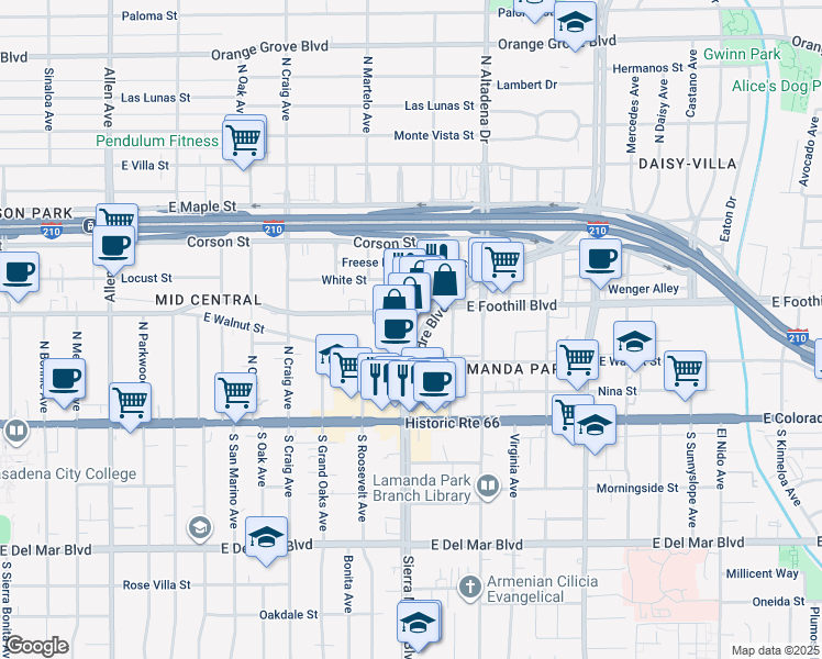 map of restaurants, bars, coffee shops, grocery stores, and more near 145 North Sierra Madre Boulevard in Pasadena