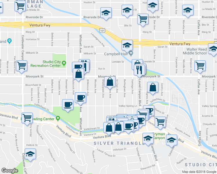 map of restaurants, bars, coffee shops, grocery stores, and more near 4319 Laurelgrove Avenue in Los Angeles
