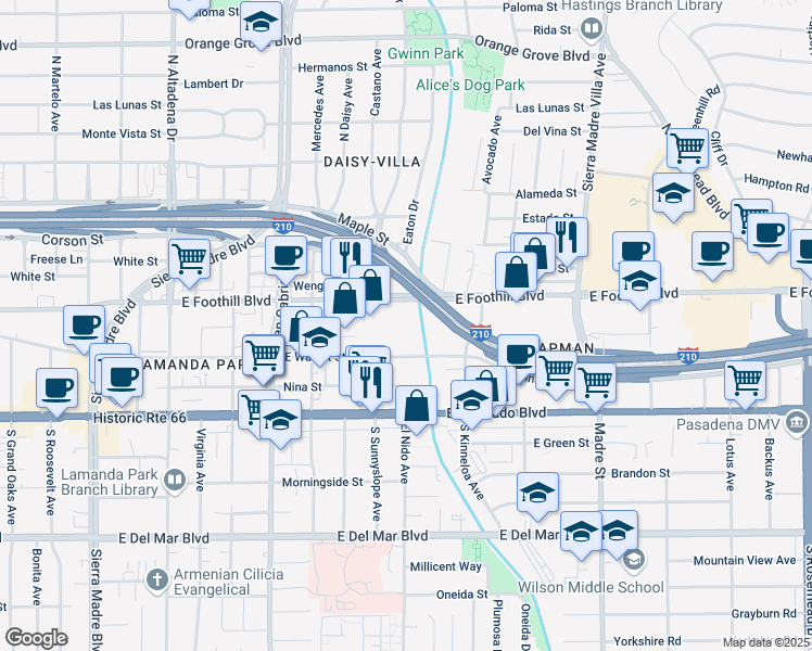 map of restaurants, bars, coffee shops, grocery stores, and more near in Pasadena