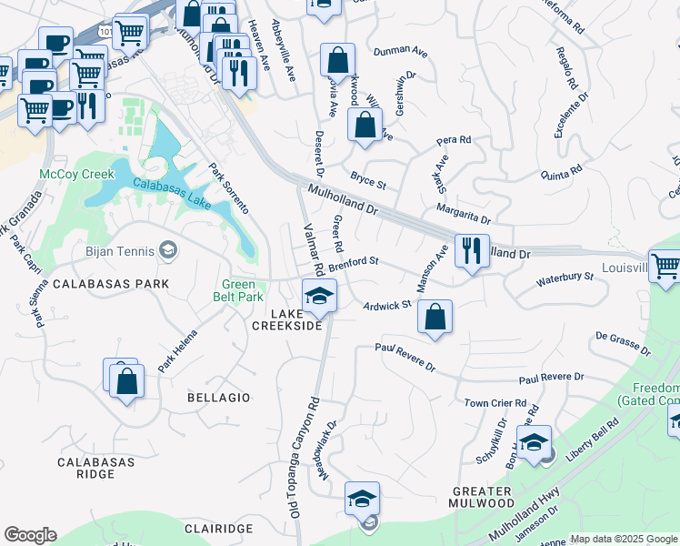 map of restaurants, bars, coffee shops, grocery stores, and more near 23000 Brenford Street in Los Angeles