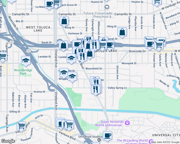 map of restaurants, bars, coffee shops, grocery stores, and more near 10711 Woodbridge Street in Los Angeles