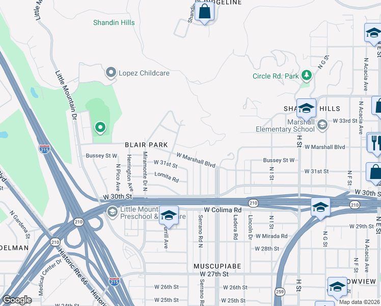 map of restaurants, bars, coffee shops, grocery stores, and more near 1210 West Marshall Boulevard in San Bernardino