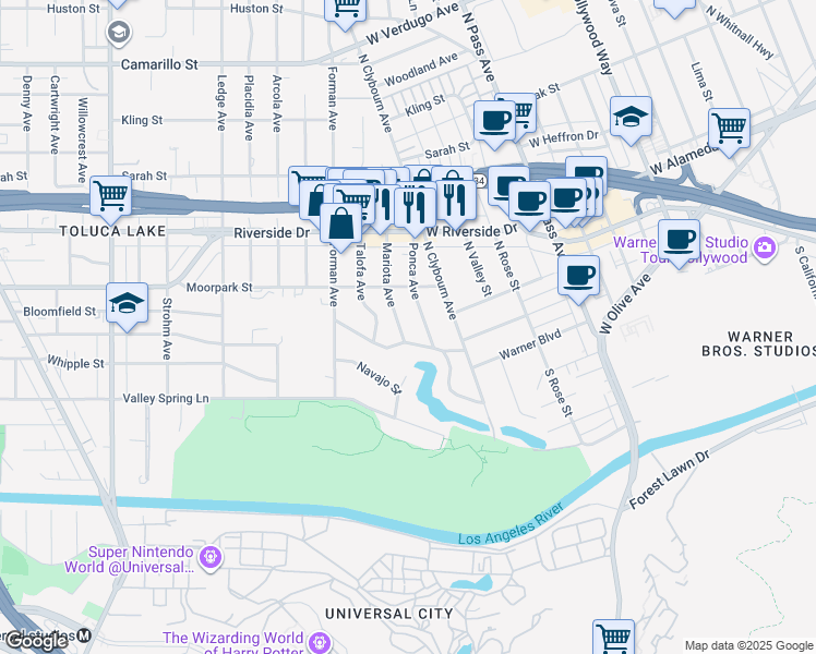 map of restaurants, bars, coffee shops, grocery stores, and more near 4314 Mariota Avenue in Los Angeles