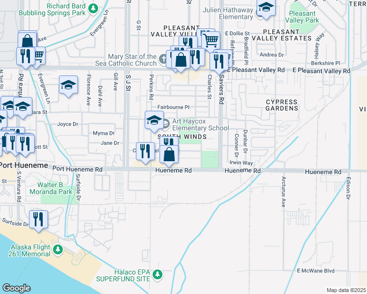 map of restaurants, bars, coffee shops, grocery stores, and more near 341 Cuesta Del Mar Drive in Oxnard