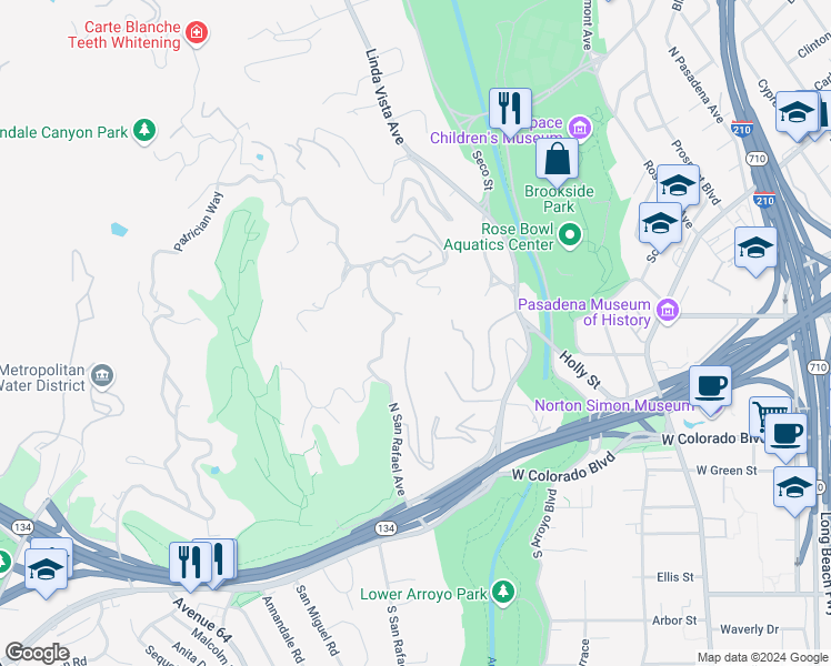 map of restaurants, bars, coffee shops, grocery stores, and more near 300 North San Rafael Avenue in Pasadena