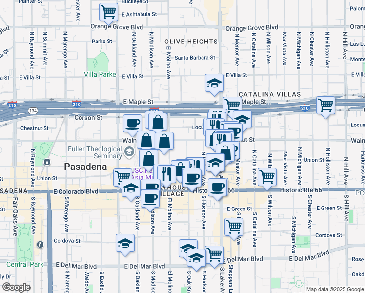 map of restaurants, bars, coffee shops, grocery stores, and more near 178 North Oak Knoll Avenue in Pasadena
