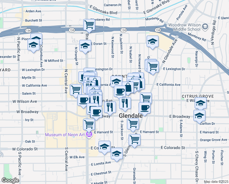 map of restaurants, bars, coffee shops, grocery stores, and more near 220 North Kenwood Street in Glendale
