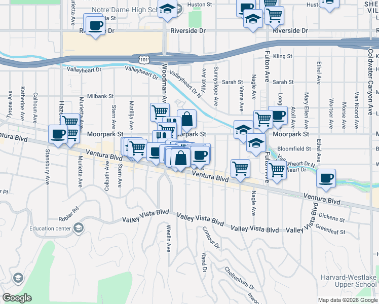 map of restaurants, bars, coffee shops, grocery stores, and more near 4346 Ventura Canyon Avenue in Los Angeles