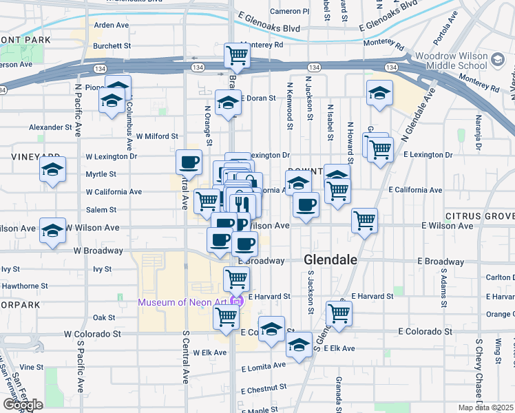 map of restaurants, bars, coffee shops, grocery stores, and more near 224 North Maryland Avenue in Glendale