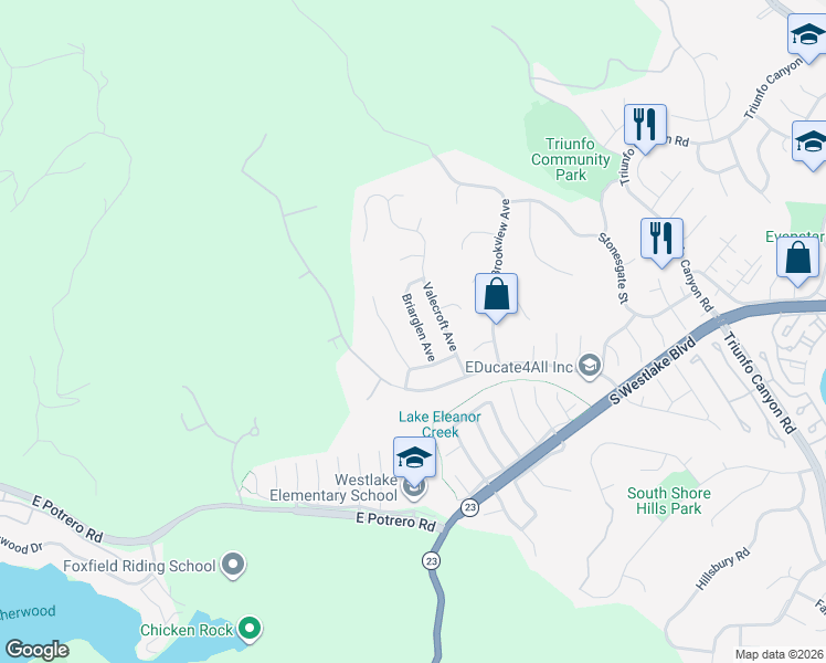 map of restaurants, bars, coffee shops, grocery stores, and more near 1475 Briarglen Avenue in Westlake Village
