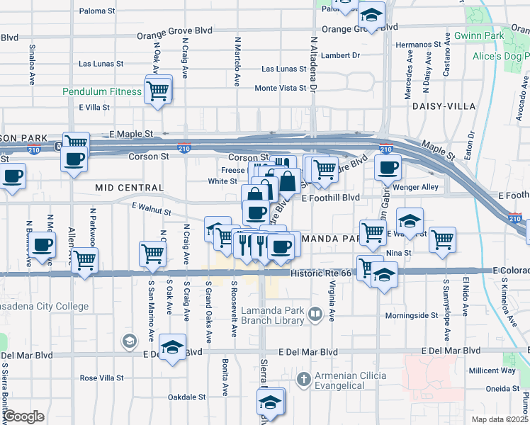 map of restaurants, bars, coffee shops, grocery stores, and more near 145 North Sierra Madre Boulevard in Pasadena