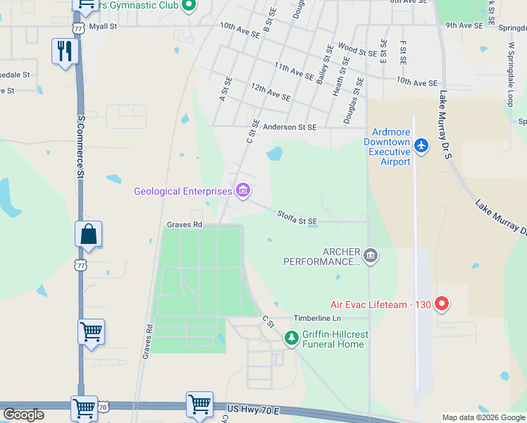 map of restaurants, bars, coffee shops, grocery stores, and more near 308 Stolfa Southeast in Ardmore