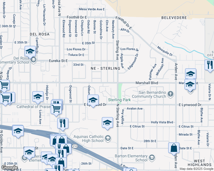 map of restaurants, bars, coffee shops, grocery stores, and more near 1905 Marshall Boulevard in San Bernardino