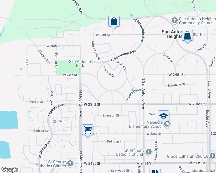 map of restaurants, bars, coffee shops, grocery stores, and more near 2348 Park Boulevard in Upland