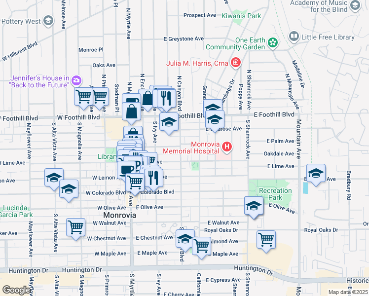 map of restaurants, bars, coffee shops, grocery stores, and more near 316 East Palm Avenue in Monrovia