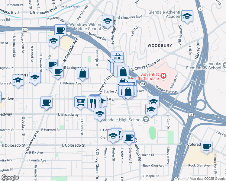 map of restaurants, bars, coffee shops, grocery stores, and more near 1300 Stanley Avenue in Glendale